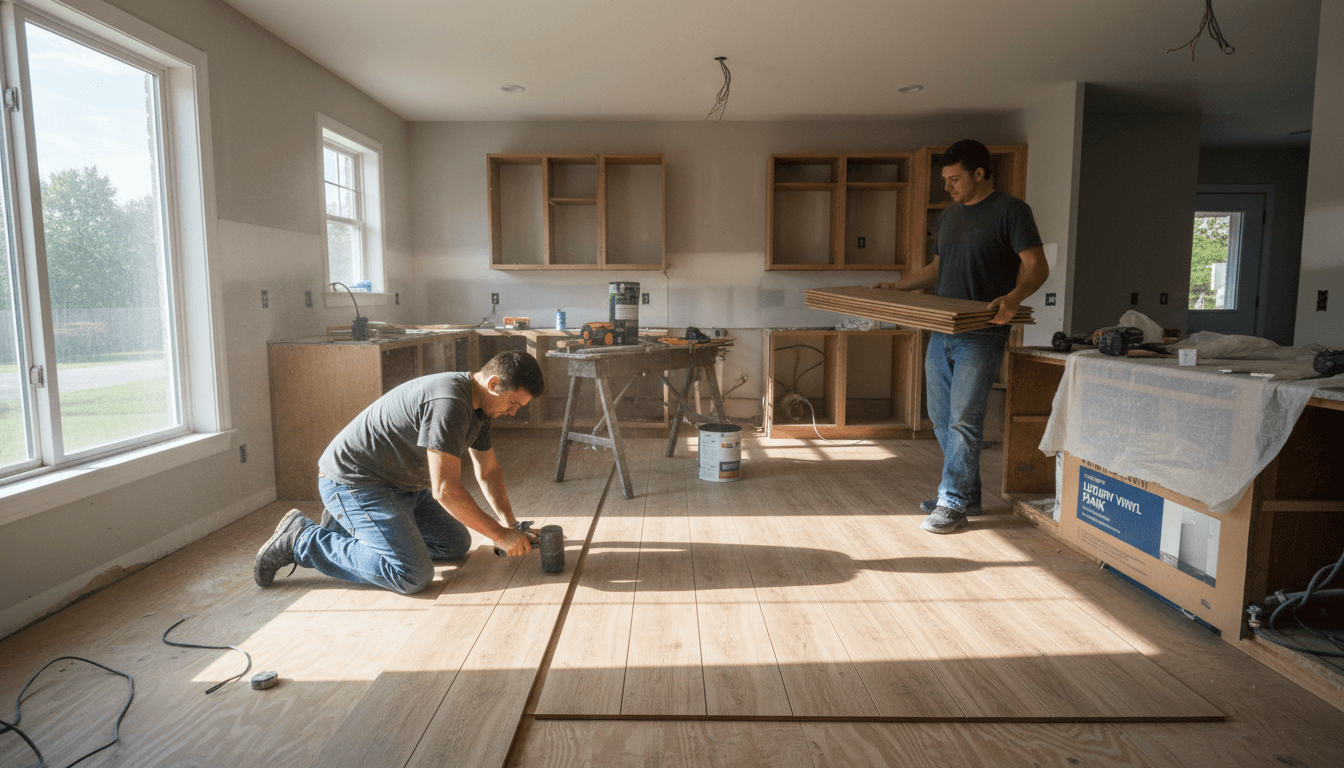 Worker laying vinyl plank flooring in a kitchen