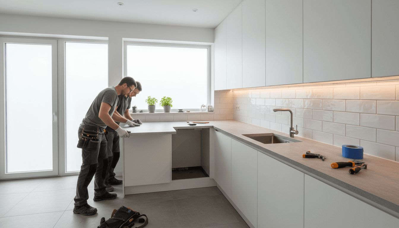 Installer fitting a new countertop around a kitchen sink