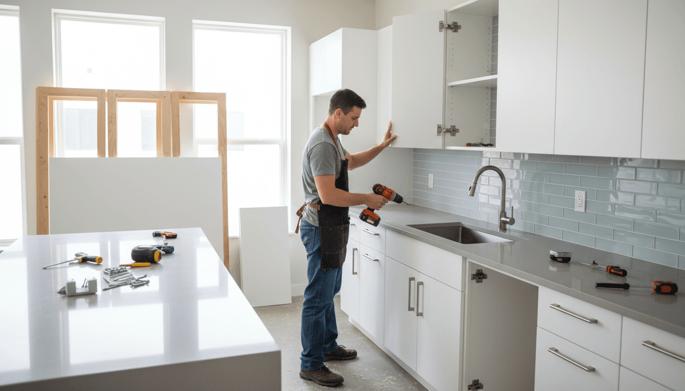 Carpenter installing new cabinet doors in a bright kitchen