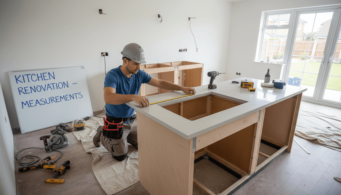 Contractor measuring countertop during kitchen renovation