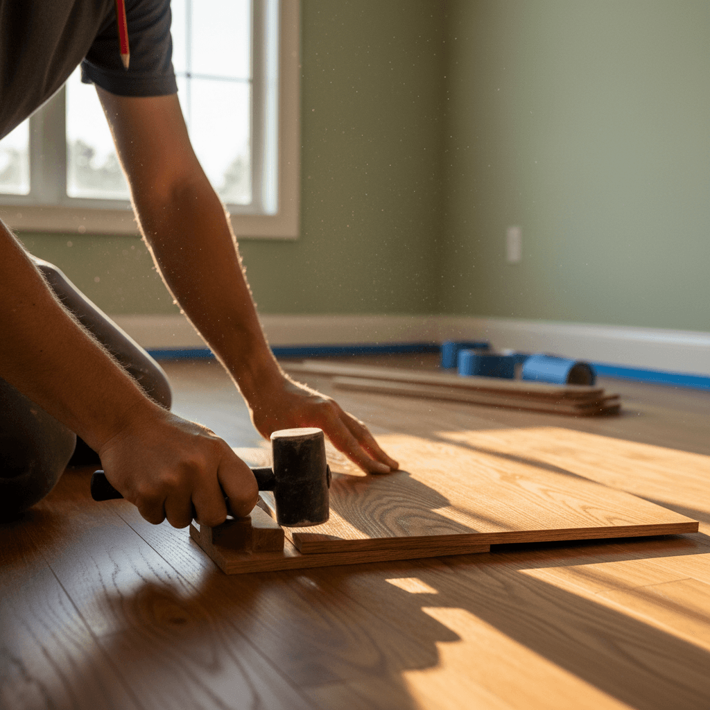 Contractor installing hardwood flooring with precision