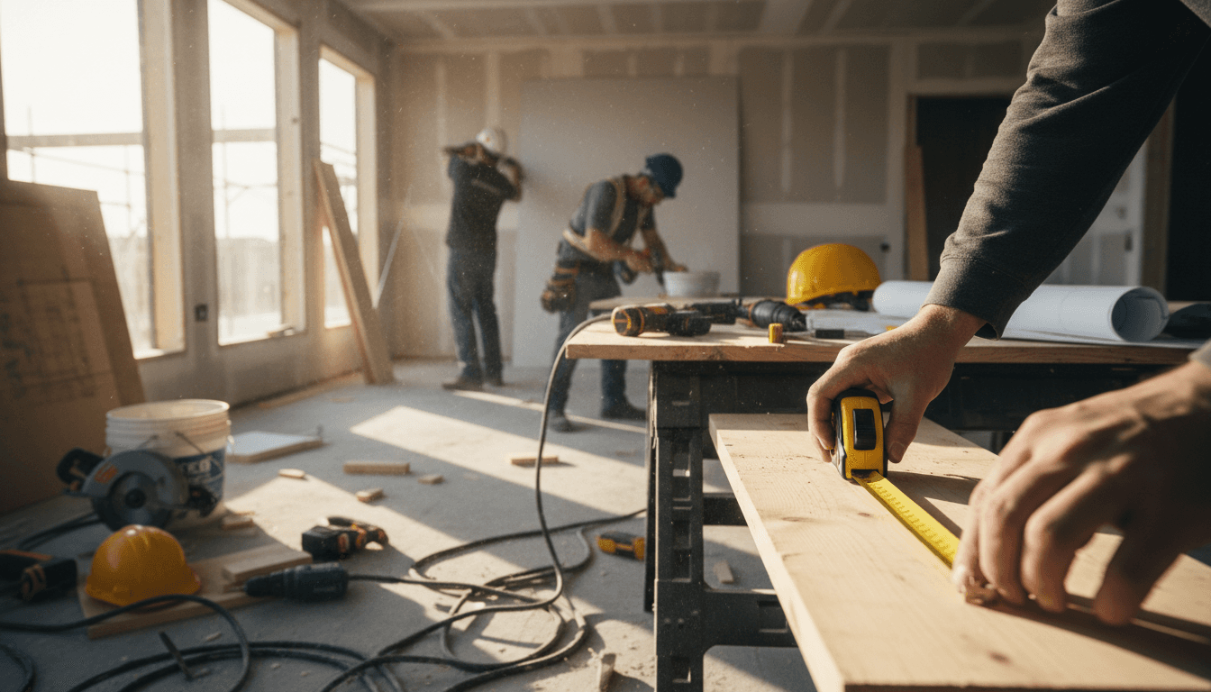 Contractor reviewing renovation blueprints at a construction worksite