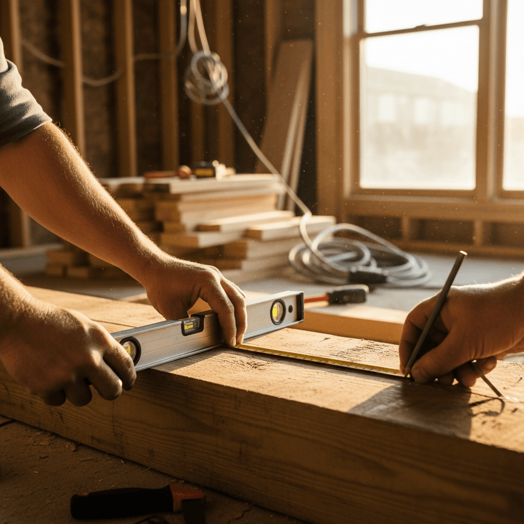 Craftsperson measuring wood framing on renovation project
