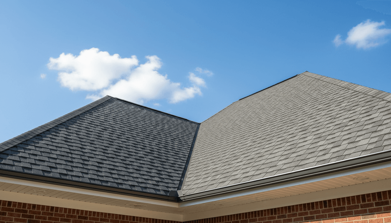 Residential roofline with newly installed asphalt shingles