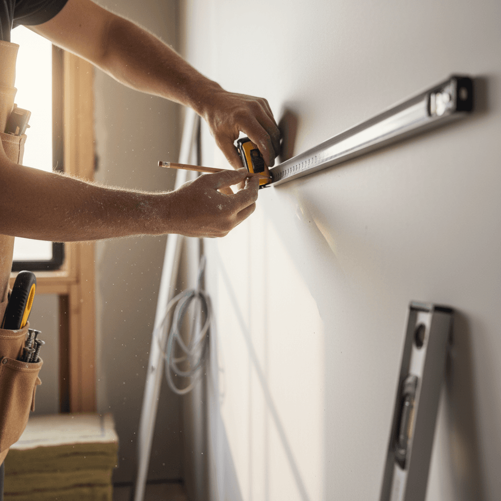 Contractor measuring wall with tape measure during renovation project
