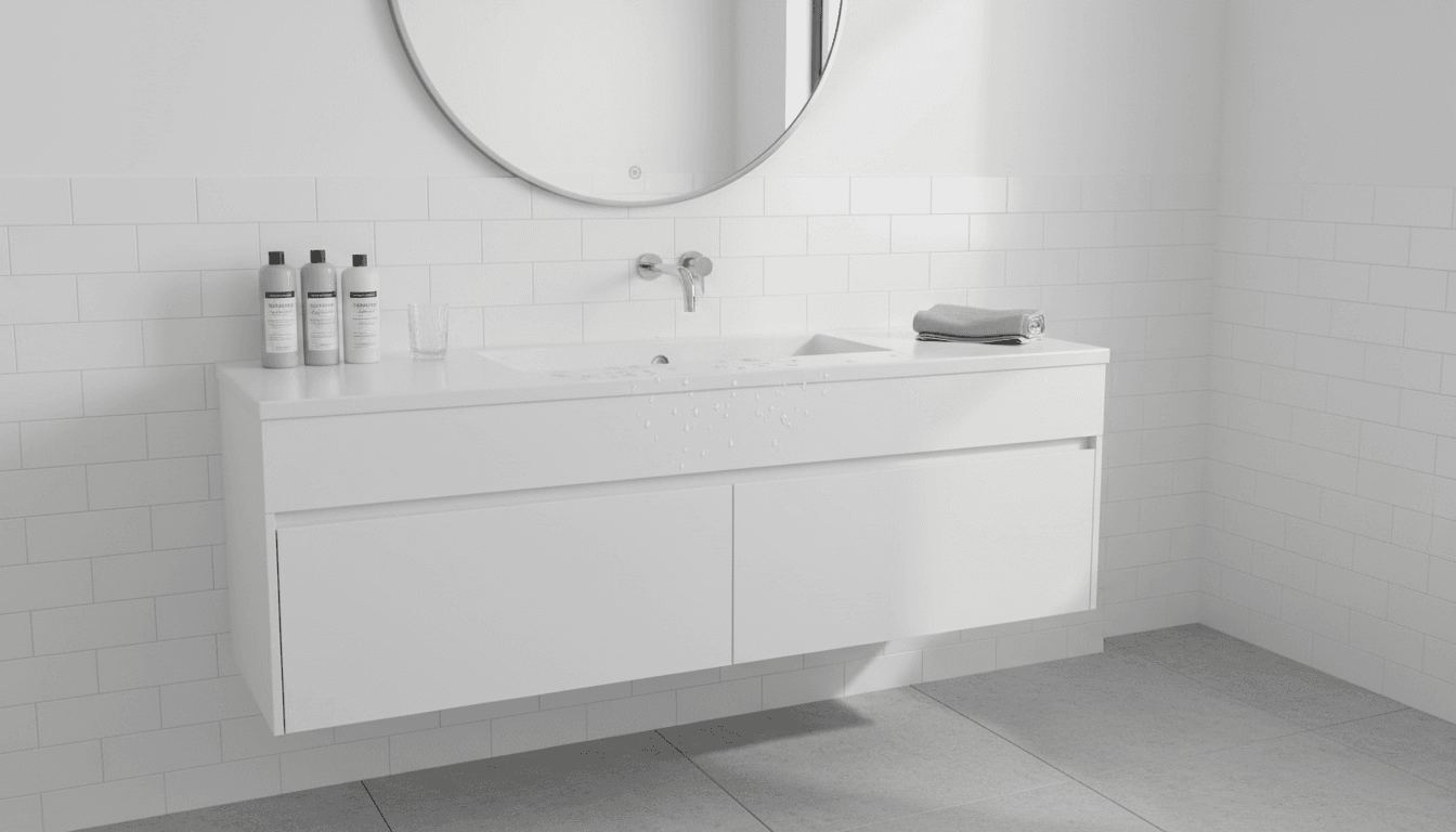 Bathroom renovation featuring hexagonal tiles and modern vanity
