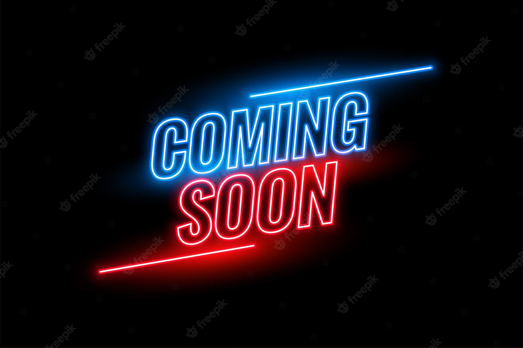 Neon "COMING SOON" text in blue and red glowing outlines against a dark black background.